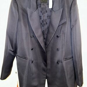 Navy Satin Double-Breasted Blazer